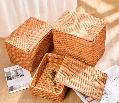 Woven Rattan Baskets, Rectangular Basket with Lid, Rectangular Storage Baskets, Storage Basket for Bedroom, Kitchen Storage Baskets-LargePaintingArt.com