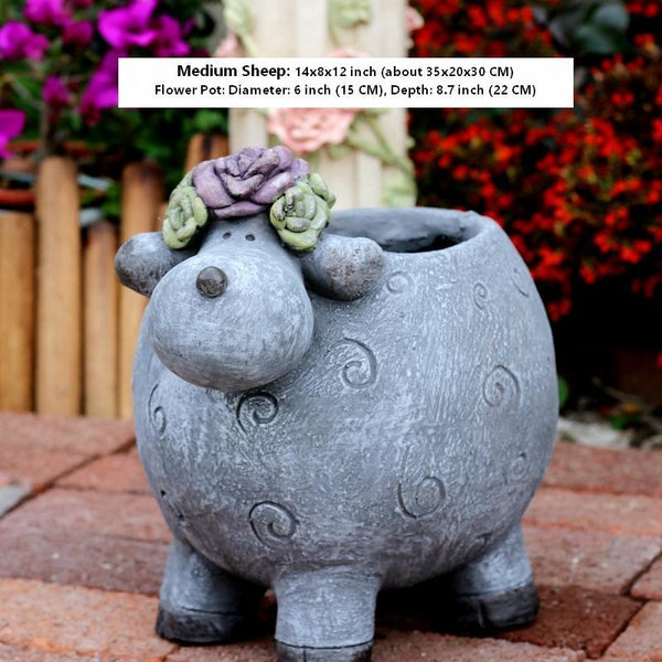 Lovely Sheep Statue for Garden, Sheep Flower Pot, Animal Statue for Garden Courtyard Ornament, Villa Outdoor Decor Gardening Ideas-LargePaintingArt.com