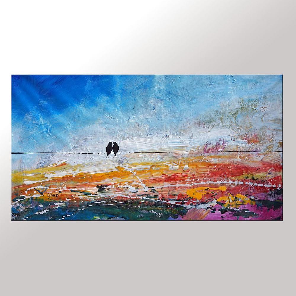 Wedding Gift, Contemporary Wall Art, Modern Art, Abstract Art, Love Birds Painting, Art for Sale, Abstract Art Painting, Dining Room Wall Art-LargePaintingArt.com