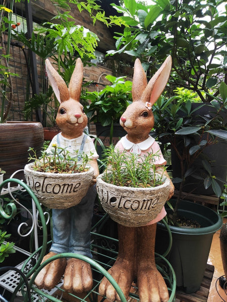 Garden Courtyard Ornament Ideas, Large Rabbit Lovers Statue for Garden, Bunny Flowerpot, Villa Outdoor Decor Gardening Ideas, Small Garden Design Ideas-LargePaintingArt.com