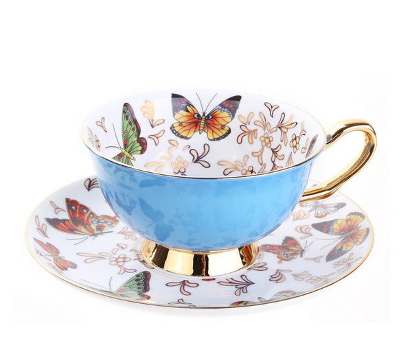 Unique Butterfly Coffee Cups and Saucers, Creative Butterfly Ceramic Coffee Cups, Beautiful British Tea Cups, Creative Bone China Porcelain Tea Cup Set-LargePaintingArt.com