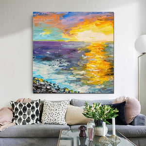 Seascape Sunrise Painting, Abstract Landscape Painting, Landscape Paintings for Living Room, Heavy Texture Wall Art Painting, Bedroom Wall Art Ideas-LargePaintingArt.com