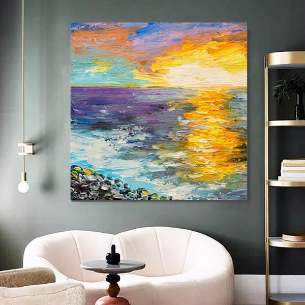 Seascape Sunrise Painting, Abstract Landscape Painting, Landscape Paintings for Living Room, Heavy Texture Wall Art Painting, Bedroom Wall Art Ideas-LargePaintingArt.com
