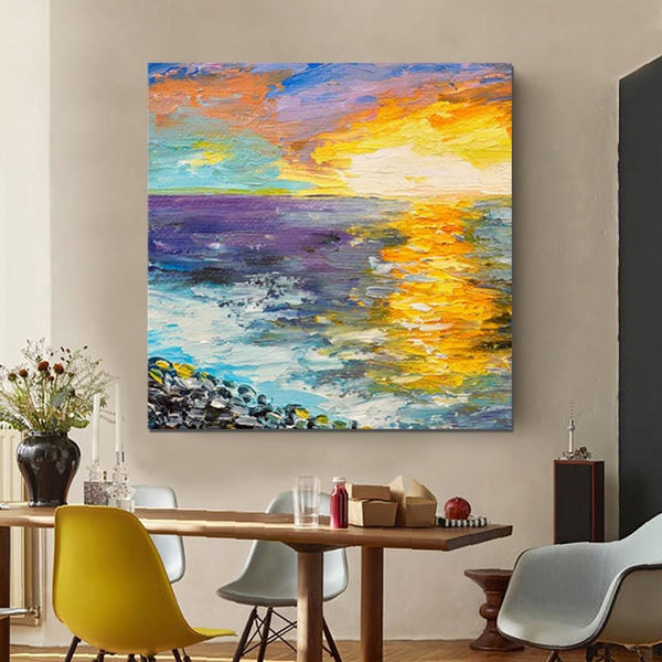 Seascape Sunrise Painting, Abstract Landscape Painting, Landscape Paintings for Living Room, Heavy Texture Wall Art Painting, Bedroom Wall Art Ideas-LargePaintingArt.com
