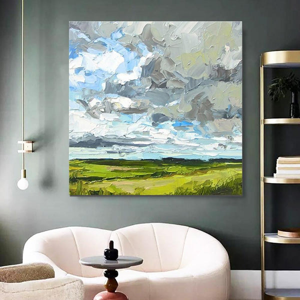 Abstract Landscape Painting, Grass Land under Sky Painting, Large Acrylic Paintings for Bedroom, Heavy Texture Canvas Art, Landscape Paintings for Living Room-LargePaintingArt.com