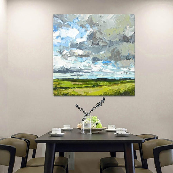 Abstract Landscape Painting, Grass Land under Sky Painting, Large Acrylic Paintings for Bedroom, Heavy Texture Canvas Art, Landscape Paintings for Living Room-LargePaintingArt.com