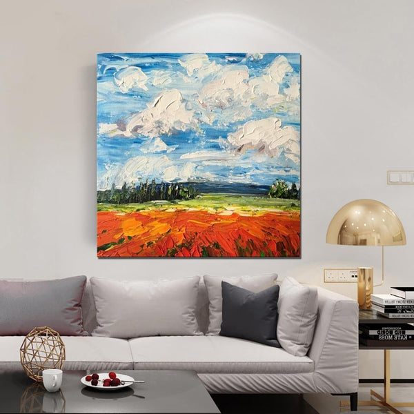 Red Poppy Field and Sky, Abstract Landscape Painting, Landscape Paintings for Living Room, Large Landscape Painting for Dining Room, Heavy Texture Painting-LargePaintingArt.com