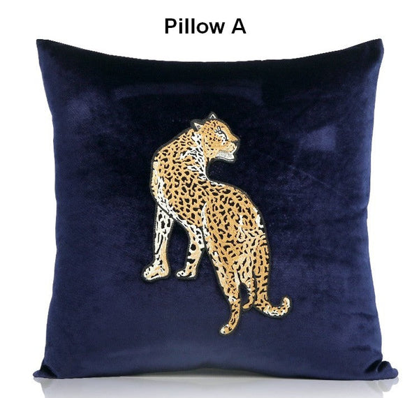 Modern Sofa Pillows, Contemporary Throw Pillows, Cheetah Decorative Throw Pillows, Blue Decorative Pillows for Living Room-LargePaintingArt.com
