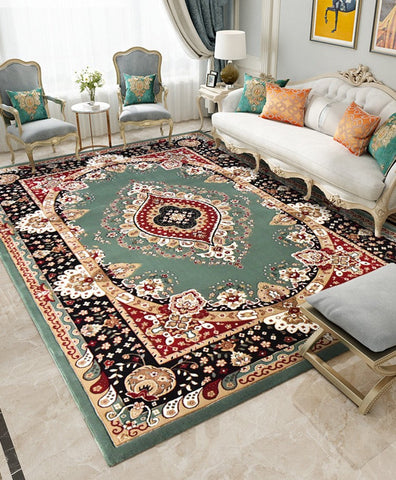 Large Oriental Floor Carpets under Dining Room Table, Luxury Thick and Soft Green Rugs for Living Room, Large Royal Flower Pattern Floor Rugs in Bedroom-LargePaintingArt.com