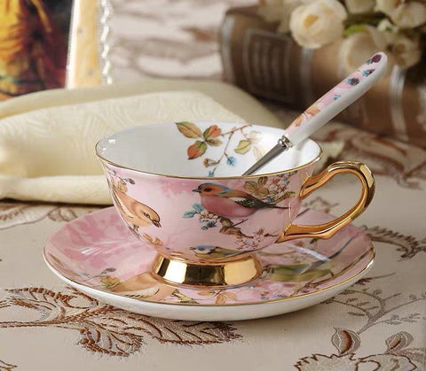 Elegant Ceramic Coffee Cups, Beautiful British Tea Cups, Bird Bone China Porcelain Tea Cup Set, Tea Cups and Saucers in Gift Box as Birthday Gift-LargePaintingArt.com