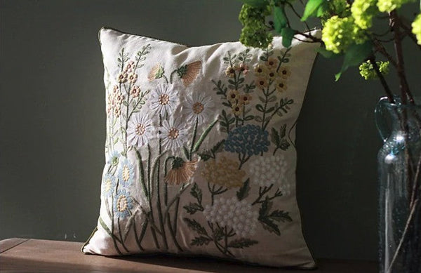 Decorative Pillows for Sofa, Flower Decorative Throw Pillows, Embroider Flower Cotton Pillow Covers, Farmhouse Decorative Throw Pillows-LargePaintingArt.com