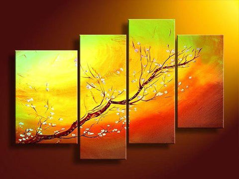 Branch of Plum Tree Flower, 4 Piece Canvas Art, Painting for Sale, Bedroom Canvas Painting-LargePaintingArt.com