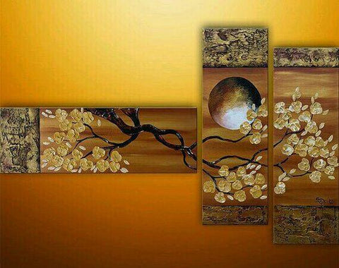 Flower and Moon Painting, Bedroom Wall Art, Abstract Painting, Acrylic Art, 3 Piece Wall Art-LargePaintingArt.com