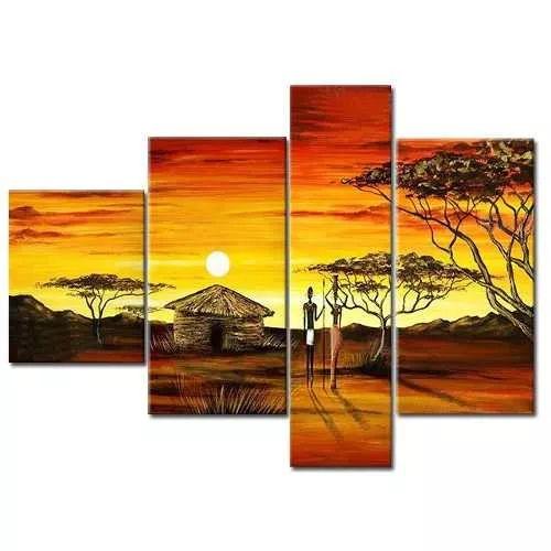 African Pinting, 4 Piece Canvas Art, Acrylic Painting for Sale, Large Landscape Painting, African Woman Village Sunset Painting-LargePaintingArt.com