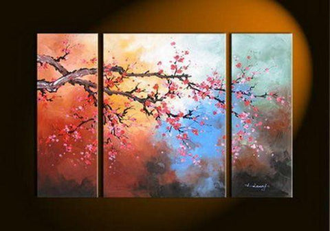 Plum Tree Flower Painting, Bedroom Wall Art Paintings, Living Room Wall Art Ideas, 3 Piece Canvas Art, Flower Acrylic Paintings-LargePaintingArt.com