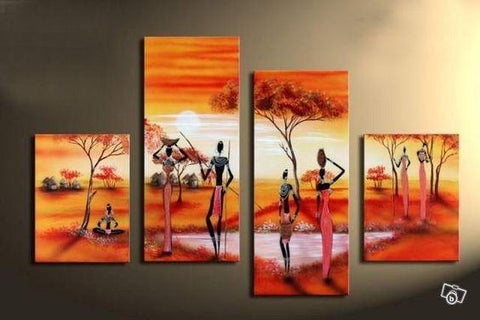 African Woman Painting, 4 Piece Canvas Art, Landscape Canvas Paintings, Hand Painted Canvas Art, Oil Painting for Sale-LargePaintingArt.com