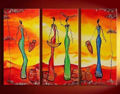 Abstract Painting, African Girl Acrylic Painting, Dining Room Wall Art, 3 Piece Art Painting-LargePaintingArt.com