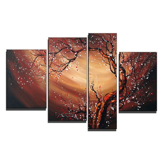 Plum Tree Painting, Blooming Flower Tree, Flower Paintings, Wall Art Paintings, Bedroom Canvas Art-LargePaintingArt.com