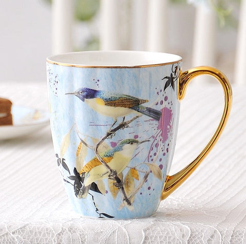 Large Creative Bone China Porcelain Mug, Elegant Blue Ceramic Coffee Mug, Beautiful Bird Flower Ceramic Mug, Large Capacity Ceramic Mugs for Office-LargePaintingArt.com