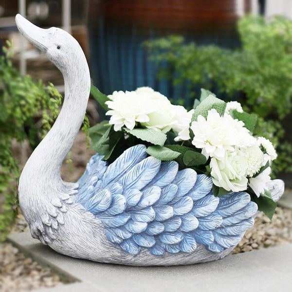 Outdoor Decoration Ideas, Garden Ideas, Blue Wing Swan Flower Pot, Animal Statue for Garden Ornament, Swan Lovers Statues, Villa Courtyard Decor-LargePaintingArt.com