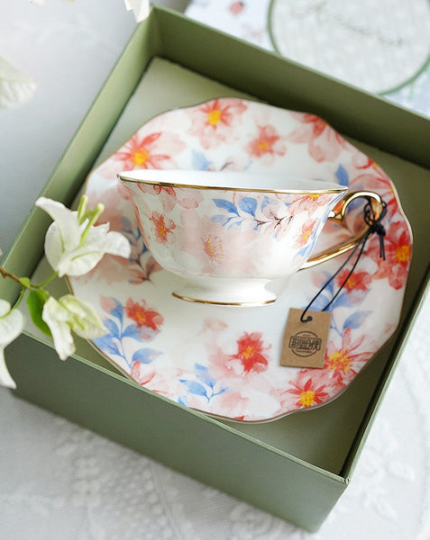 Flower Bone China Porcelain Tea Cup Set, Unique Tea Cup and Saucer in Gift Box,British Royal Ceramic Cups for Afternoon Tea, Elegant Ceramic Coffee Cups-LargePaintingArt.com