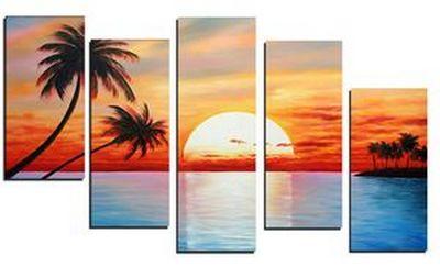 5 Piece Canvas Painting, Beach Palm Tree Sunset Painting, Landscape Canvas Painting, Acrylic Painting for Living Room-LargePaintingArt.com