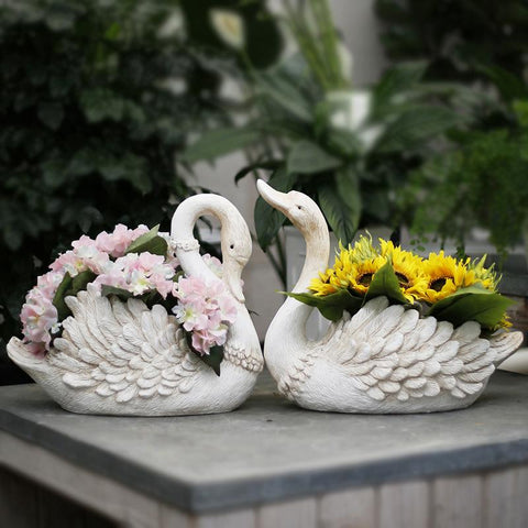 White Swan Flower Pot, Small Animal Statue for Garden Ornament, Swan Lovers Statues, Villa Courtyard Decor, Outdoor Decoration Ideas, Garden Ideas-LargePaintingArt.com