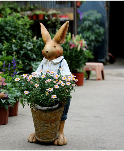 Garden Courtyard Ornament, Large Rabbit Statue for Garden, Bunny Flower Pot, Villa Outdoor Decor Gardening Ideas, House Warming Gift-LargePaintingArt.com