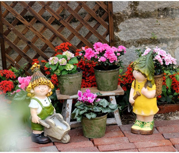 Large Boy Cart and Girl Carry Basket Statues, Flower Pot, Garden Courtyard Ornament, Gardening Ideas, House Warming Gift-LargePaintingArt.com