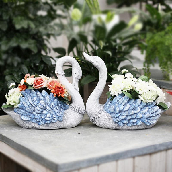 Large Blue Swan Flower Pot, Animal Statue for Garden Ornament, Swan Lovers Statues, Villa Courtyard Decor, Outdoor Decoration Ideas, Garden Ideas-LargePaintingArt.com