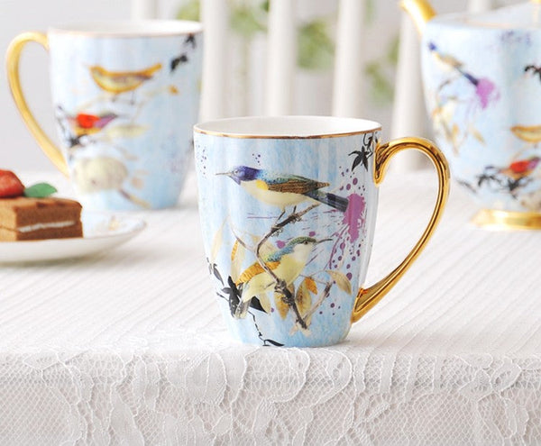 Large Creative Bone China Porcelain Mug, Elegant Blue Ceramic Coffee Mug, Beautiful Bird Flower Ceramic Mug, Large Capacity Ceramic Mugs for Office-LargePaintingArt.com