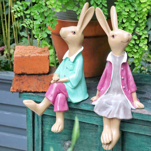Sitting Rabbit Lovers Statue for Garden, Beautiful Garden Courtyard Ornaments, Villa Outdoor Decor Gardening Ideas, Unique Modern Garden Sculptures-LargePaintingArt.com
