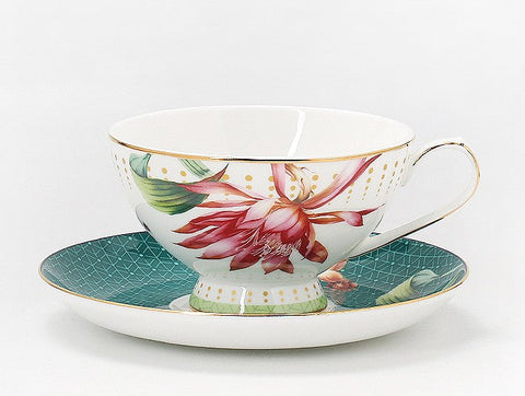 Lotus Flower Bone China Porcelain Tea Cup Set, Elegant Ceramic Coffee Cups, Beautiful British Tea Cups, Traditional English Tea Cups and Saucers-LargePaintingArt.com