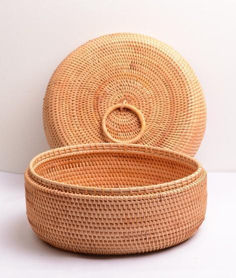 Woven Storage Basket with Lid, Lovely Rattan Basket for Kitchen, Storage Basket for Dining Room, Woven Round Baskets-LargePaintingArt.com