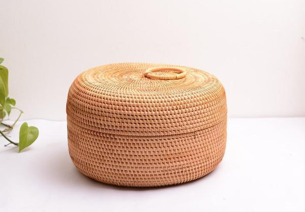 Woven Storage Basket with Lid, Lovely Rattan Basket for Kitchen, Storage Basket for Dining Room, Woven Round Baskets-LargePaintingArt.com