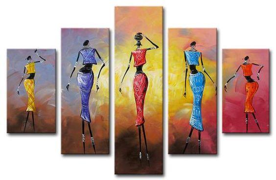 African Dancing Girl Painting, 5 Piece Acrylic Art, Abstract Painting, Extra Large Canvas Painting-LargePaintingArt.com