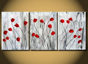 Red Poppy Flower Paintings, Acrylic Flower Painting, 3 Piece Painting, Modern Wall Art Painting-LargePaintingArt.com