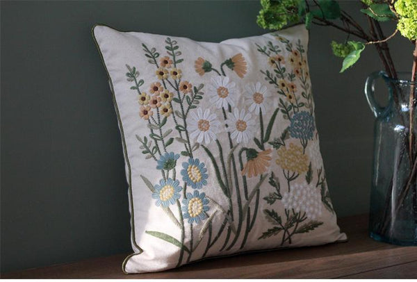 Flower Decorative Throw Pillows, Decorative Pillows for Sofa, Embroider Flower Cotton and linen Pillow Cover, Farmhouse Decorative Pillows-LargePaintingArt.com