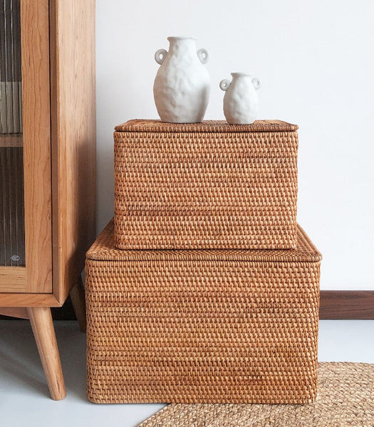 Extra Large Woven Rattan Storage Basket for Bedroom, Rattan Storage Baskets, Rectangular Woven Basket with Lid, Storage Baskets for Shelves-LargePaintingArt.com
