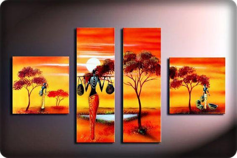 4 Piece Canvas Art, African Paintings, Landscape Canvas Paintings, Bedroom Canvas Art, Oil Painting for Sale, African Woman Painting-LargePaintingArt.com