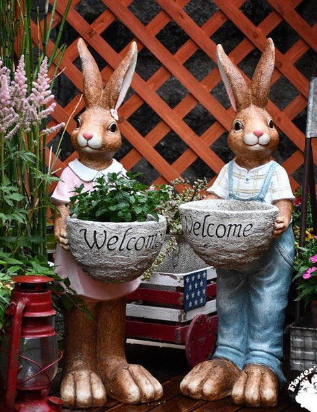 Large Rabbit Lovers Statue for Garden, Bunny Flowerpot, Garden Courtyard Ornament, Villa Outdoor Decor Gardening Ideas-LargePaintingArt.com