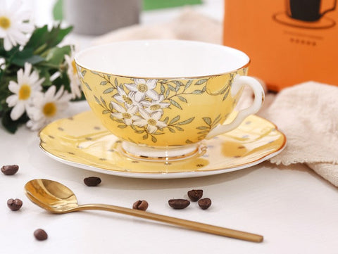 Creative Yellow Ceramic Coffee Cups, Unique Flower Coffee Cups and Saucers, Beautiful British Tea Cups, Creative Bone China Porcelain Tea Cup Set-LargePaintingArt.com
