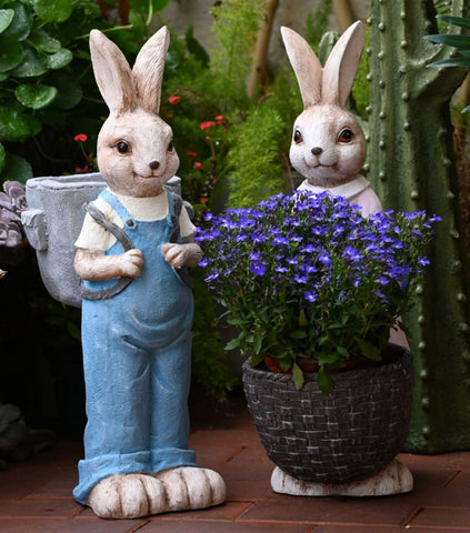 Large Rabbit Lovers Statue for Garden, Bunny Flowerpot, Garden Courtyard Ornament, Villa Outdoor Decor Gardening Ideas, Modern Garden Sculptures-LargePaintingArt.com