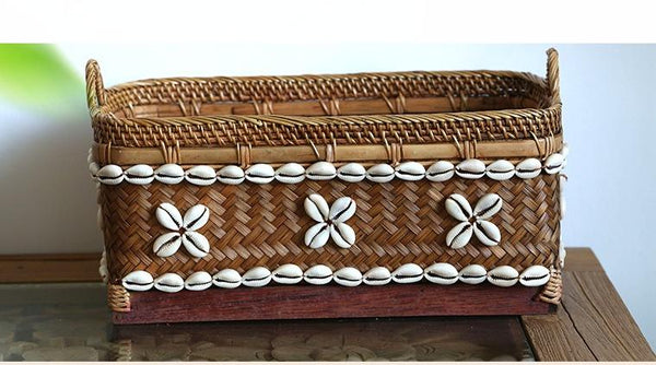 Indonesia Hand Woven Storage Basket, Natural Bamboo and Sea Shell Baskets-LargePaintingArt.com