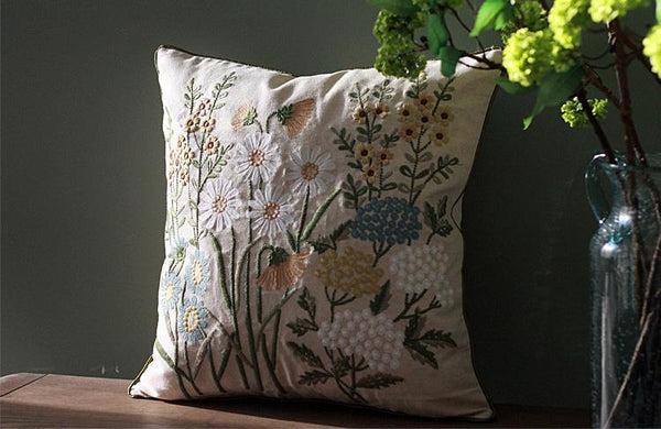 Flower Decorative Throw Pillows, Decorative Pillows for Sofa, Embroider Flower Cotton and linen Pillow Cover, Farmhouse Decorative Pillows-LargePaintingArt.com