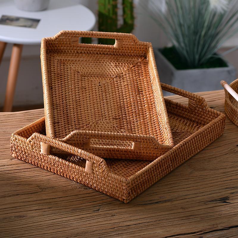 Rattan Bread Plate with Handle, Storage Baskets for Kitchen, Woven Storage Basket, Fruit Plate for Kitchen, Storage Baksets for Shelves-LargePaintingArt.com