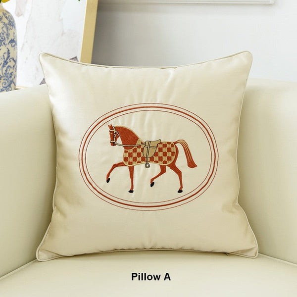 Modern Decorative Throw Pillows, Horse Decorative Throw Pillows for Couch, Embroider Horse Pillow Covers, Modern Sofa Decorative Pillows-LargePaintingArt.com