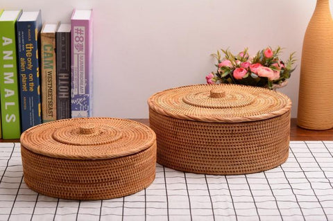 Woven Storage Basket with Lid, Large Rattan Storage Basket, Woven Round Basket for Kitchen-LargePaintingArt.com