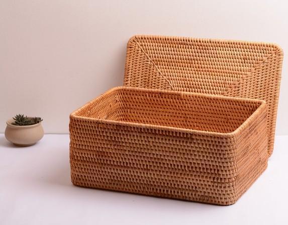 Woven Rattan Baskets, Rectangular Basket with Lid, Rectangular Storage Baskets, Storage Basket for Bedroom, Kitchen Storage Baskets-LargePaintingArt.com