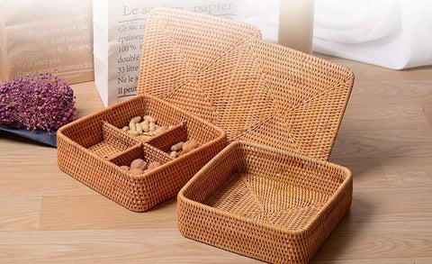 Storage Basket with Lid, Rattan Square Basket, Storage Basket with Lid, Kitchen Storage Baskets-LargePaintingArt.com